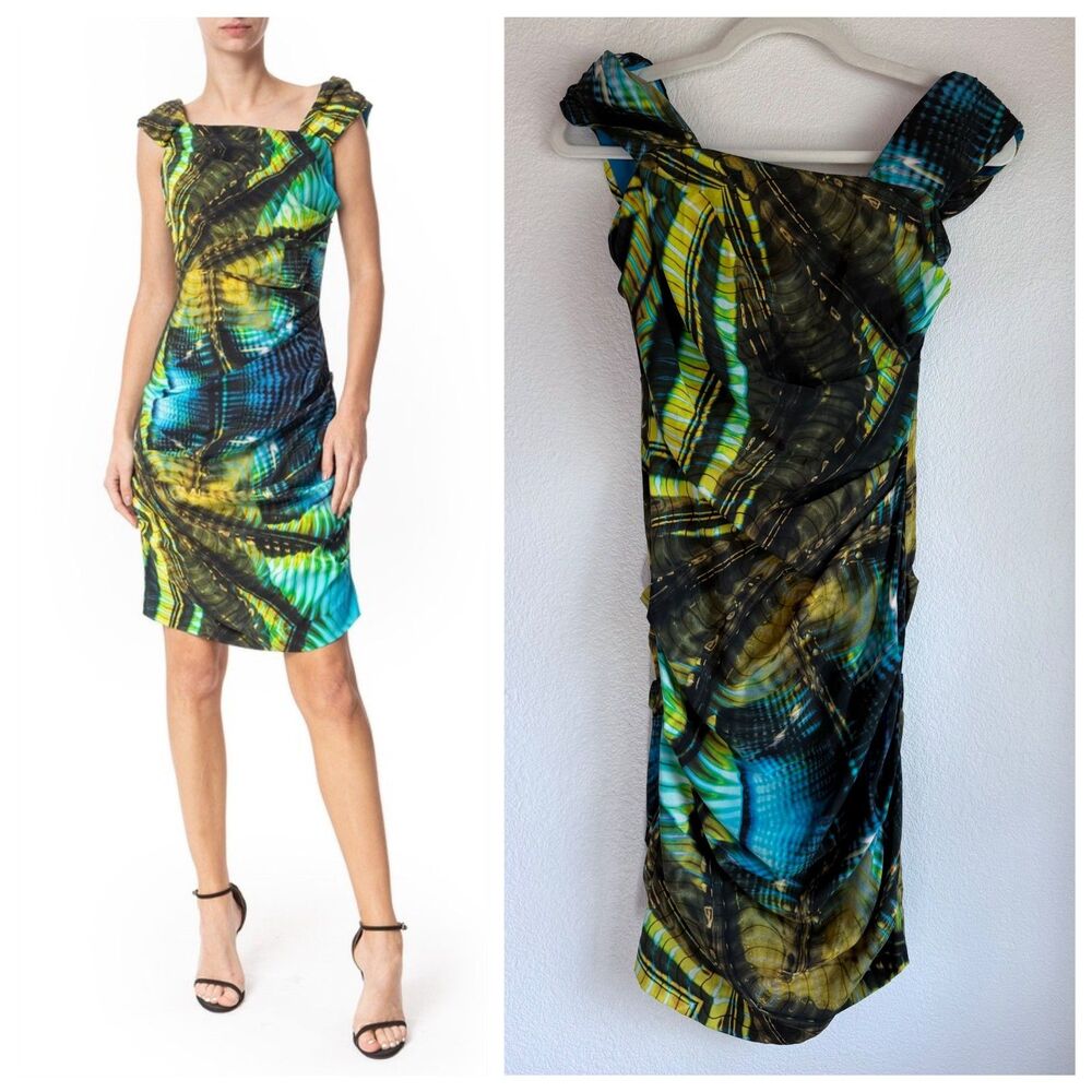 Nicole Miller Stretch Silk Abstract Print Ruched Knee Length Cocktail Dress Sz 2
